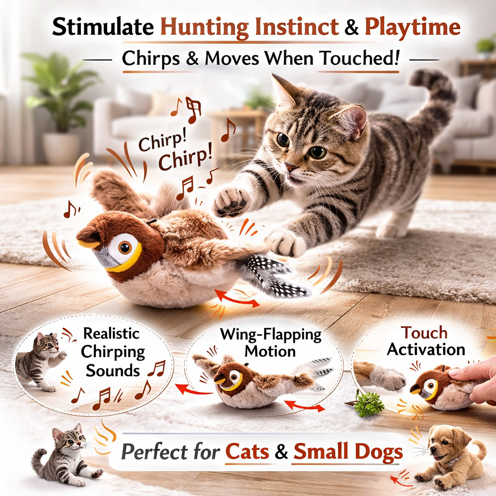 Interactive Simulated Bird Toy for Cats & Dogs – Rechargeable Plush Toy that Chirps and Moves with Touch