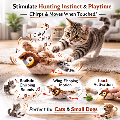 Interactive Simulated Bird Toy for Cats & Dogs – Rechargeable Plush Toy that Chirps and Moves with Touch