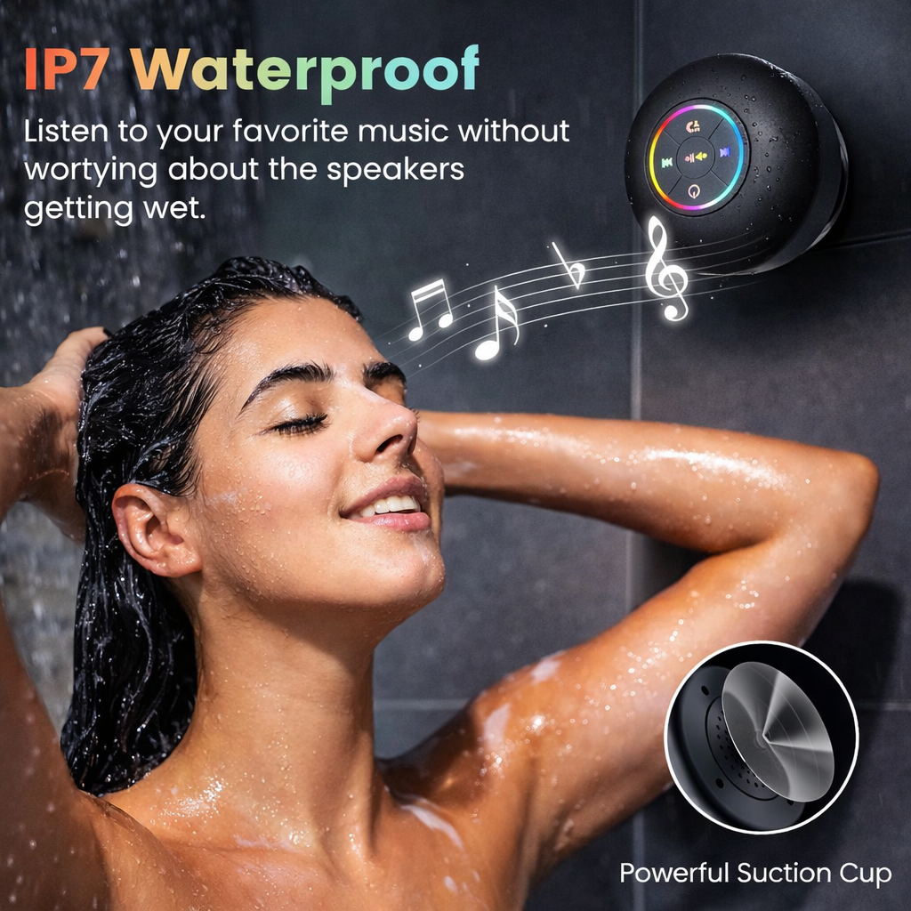 Mini Bluetooth Shower Speaker with RGB Lights | Waterproof Suction Cup | Wireless Bathroom Music Player with Mic