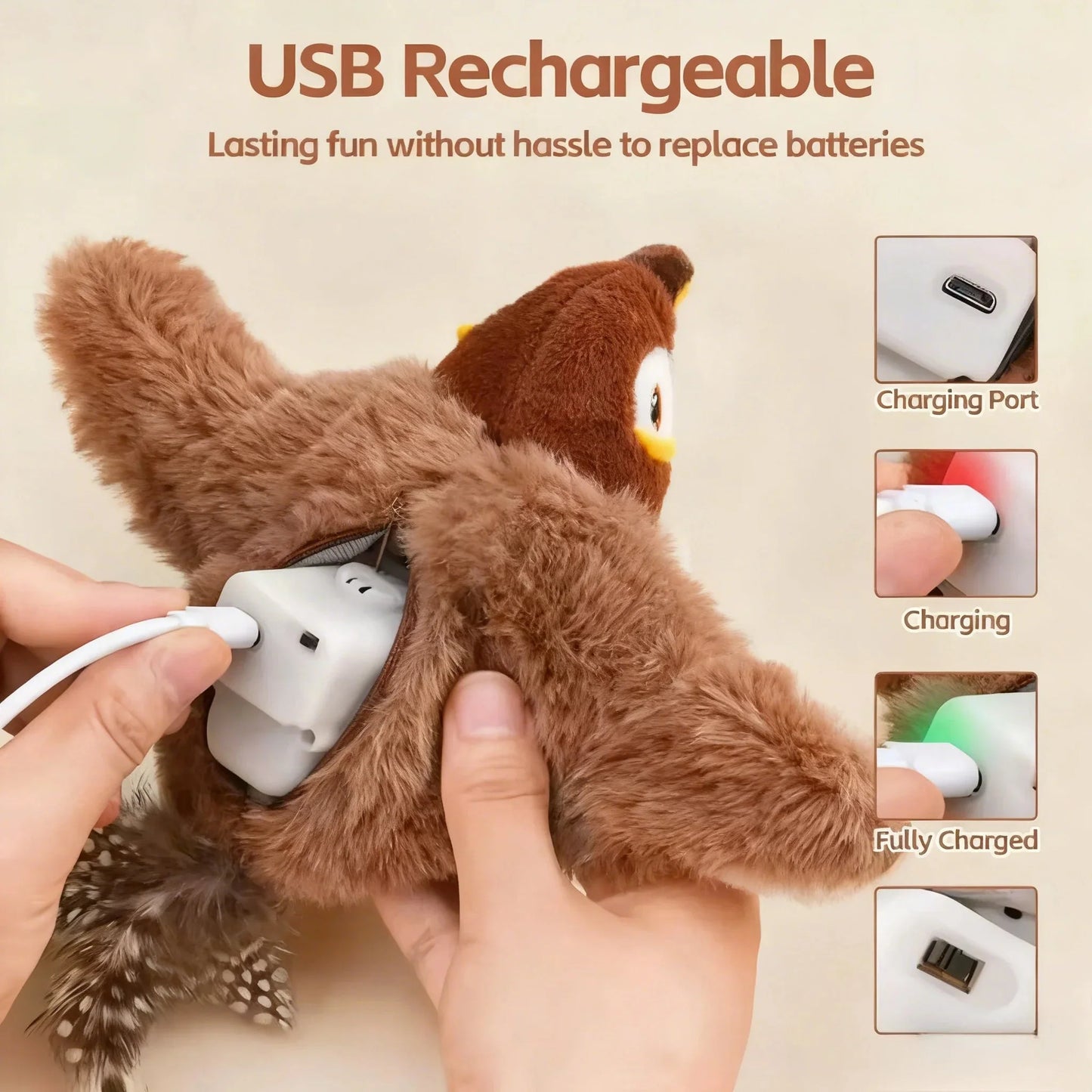 Interactive Simulated Bird Toy for Cats & Dogs – Rechargeable Plush Toy that Chirps and Moves with Touch